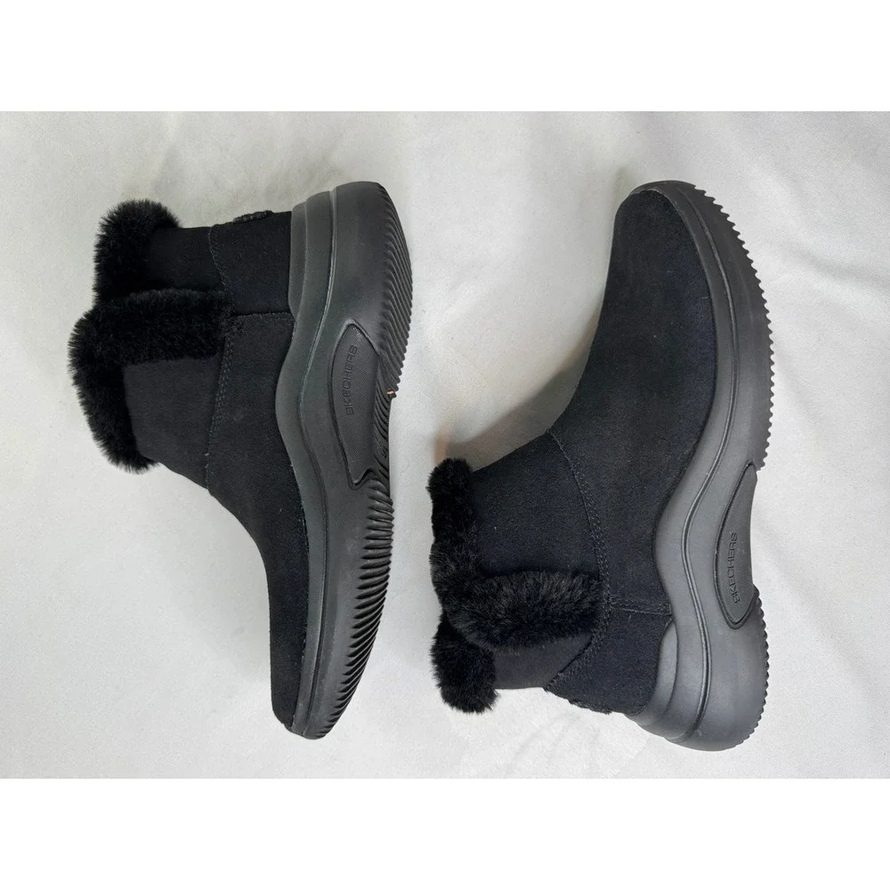 Skechers On-the-GO Joy Women Black Suede Faux Fur Trim Winter Ankle Boots